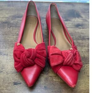 Tory Burch Womens Red 8M Eleanor Flat Suede Bow Pointed Toe Shoe Office Wear